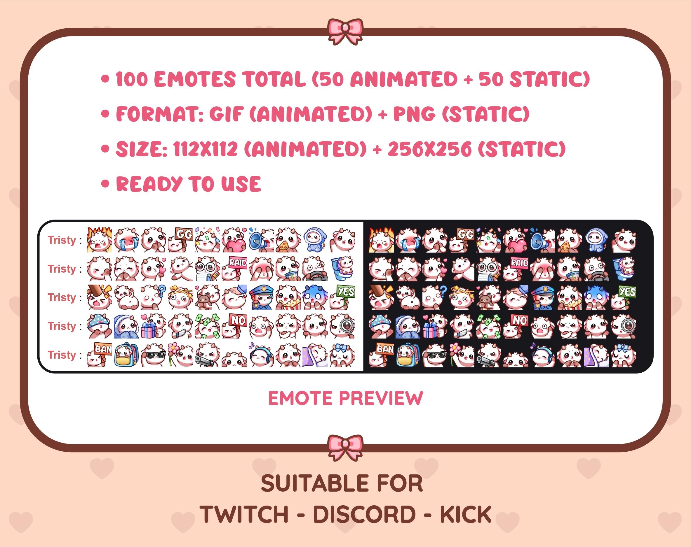 White Goat animated Twitch emote mega pack preview displaying all 50 emotes with format and size information.
