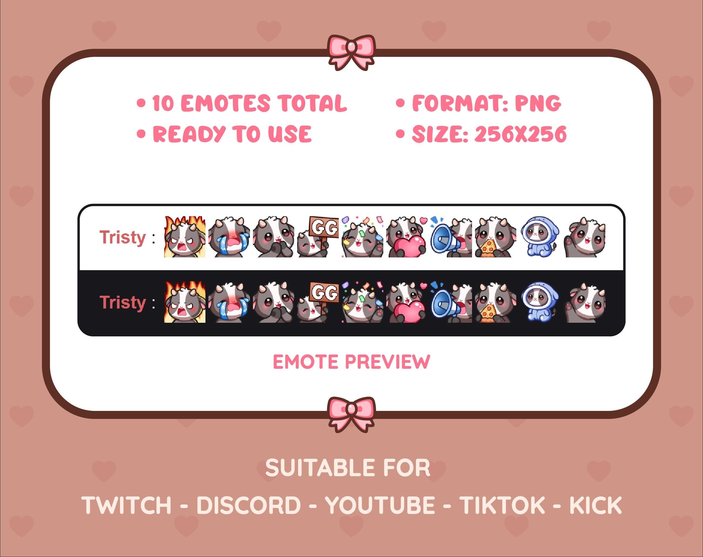 Black Goat Twitch emote pack preview displaying all 10 emotes with format and size information.