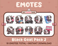 Black Goat Twitch emote pack featuring 10 emotes including kiss, facepalm, shy, and raid.