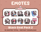 Black Goat Twitch emote pack featuring 10 emotes including kiss, facepalm, shy, and raid.