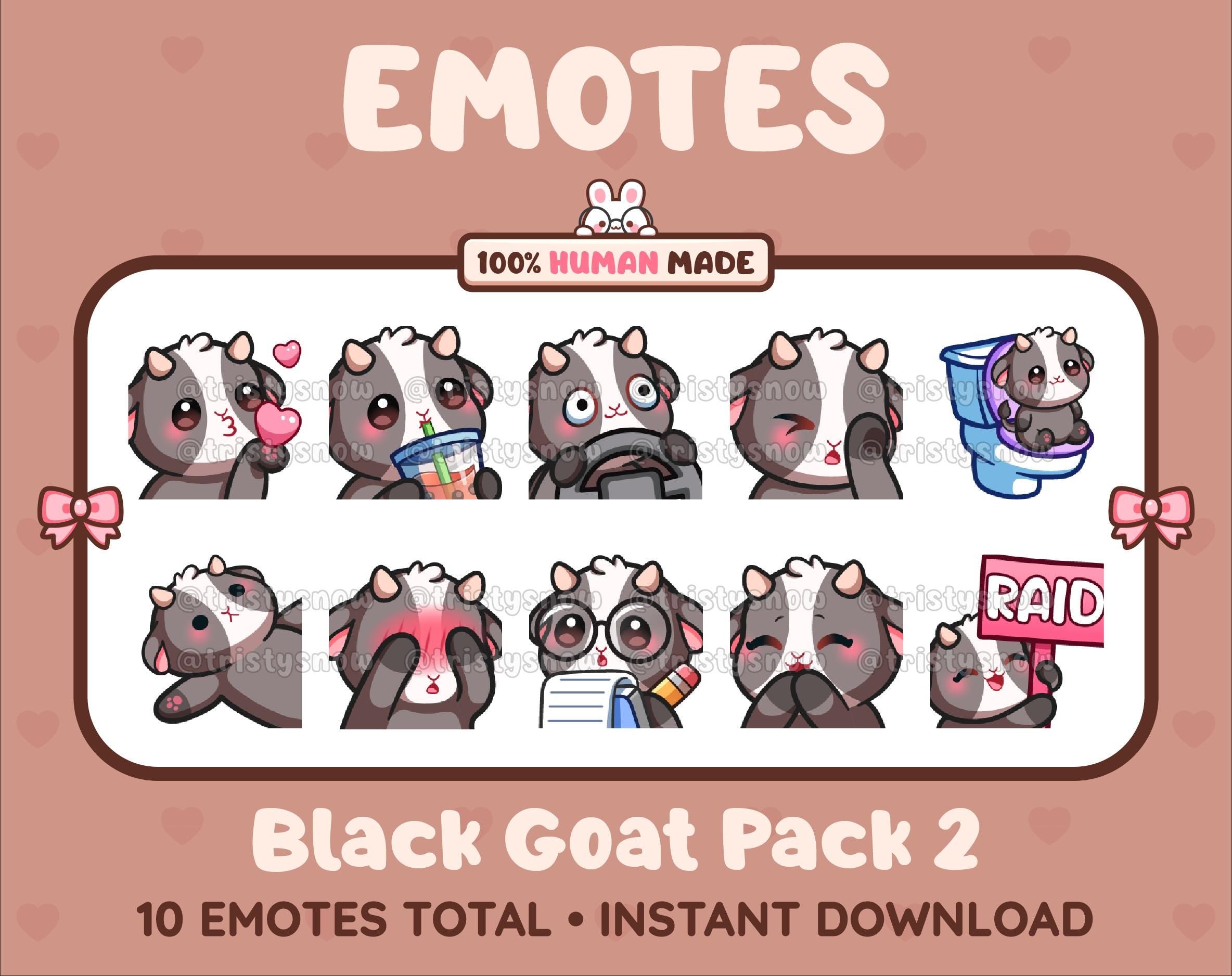 Black Goat Twitch emote pack featuring 10 emotes including kiss, facepalm, shy, and raid.