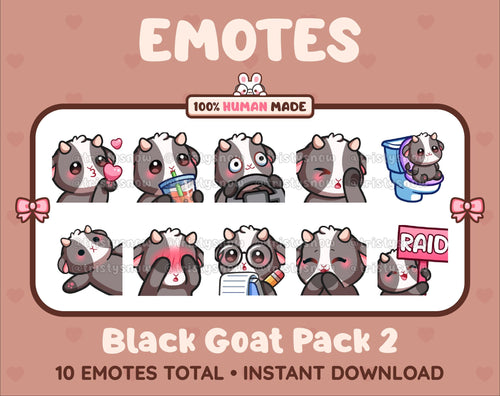 Black Goat Twitch emote pack featuring 10 emotes including kiss, facepalm, shy, and raid.