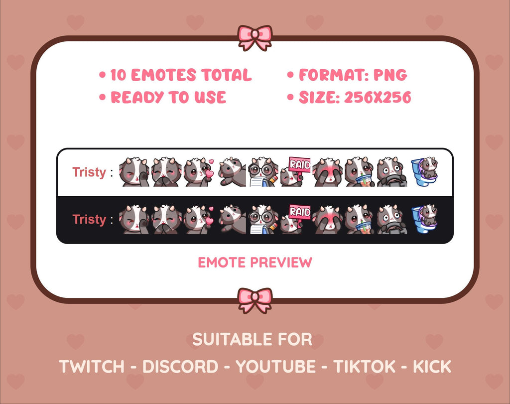 Black Goat Twitch emote pack preview displaying all 10 emotes with format and size information.