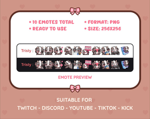Black Goat Twitch emote pack preview displaying all 10 emotes with format and size information.