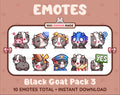 Black Goat Twitch emote pack featuring 10 emotes including hug, scared, bonk, and popcorn.
