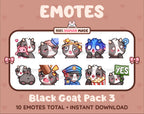 Black Goat Twitch emote pack featuring 10 emotes including hug, scared, bonk, and popcorn.