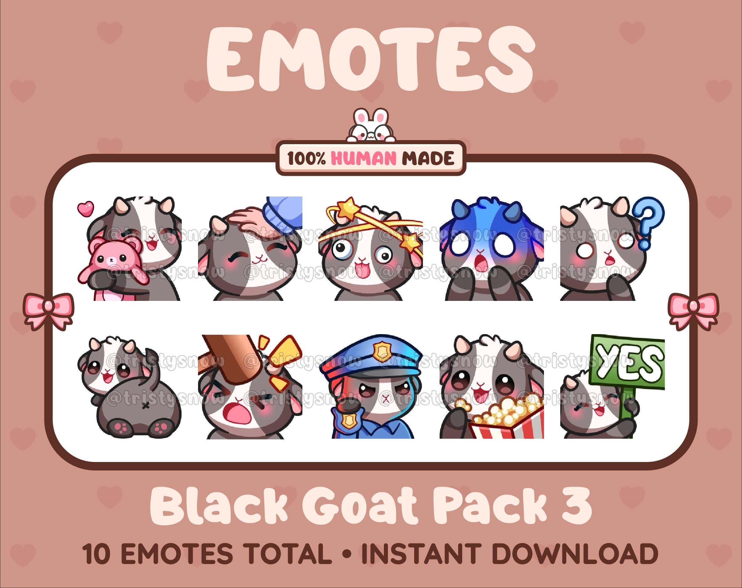 Black Goat Twitch emote pack featuring 10 emotes including hug, scared, bonk, and popcorn.