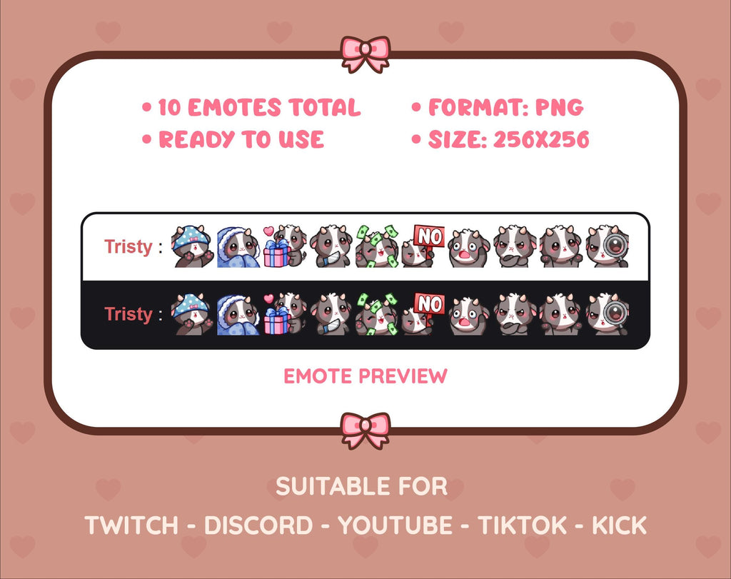Black Goat Twitch emote pack preview displaying all 10 emotes with format and size information.