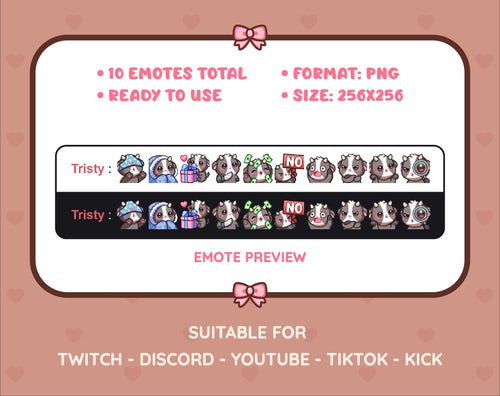 Black Goat Twitch emote pack preview displaying all 10 emotes with format and size information.