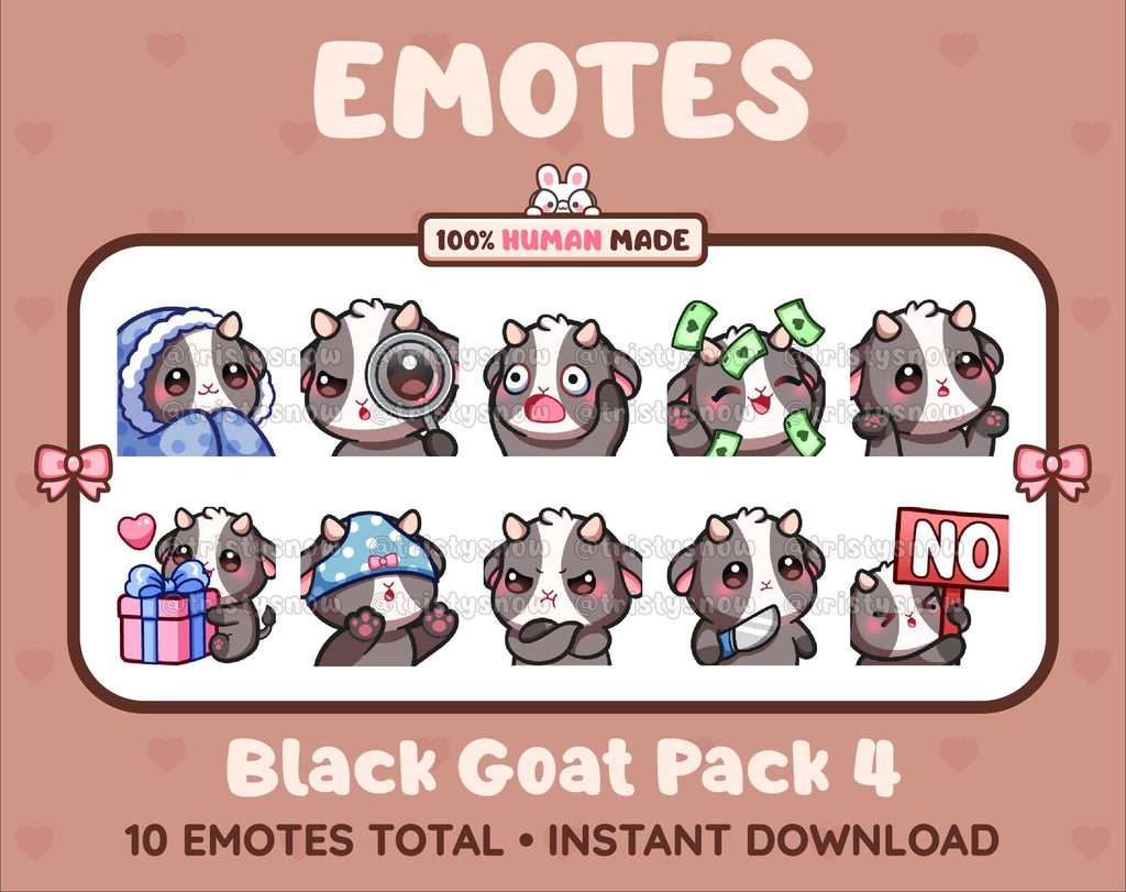 Black Goat Twitch emote pack featuring 10 emotes including cozy, sus, panic, and shrug.