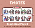 Black Goat Twitch emote pack featuring 10 emotes including cozy, sus, panic, and shrug.