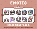 Black Goat Twitch emote pack featuring 10 emotes including flower, cool, plead, and lurk.
