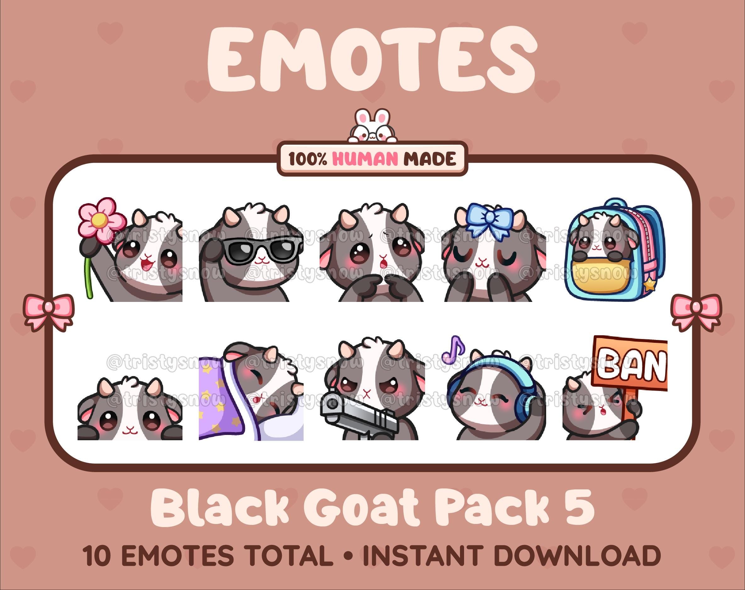 Black Goat Twitch emote pack featuring 10 emotes including flower, cool, plead, and lurk.