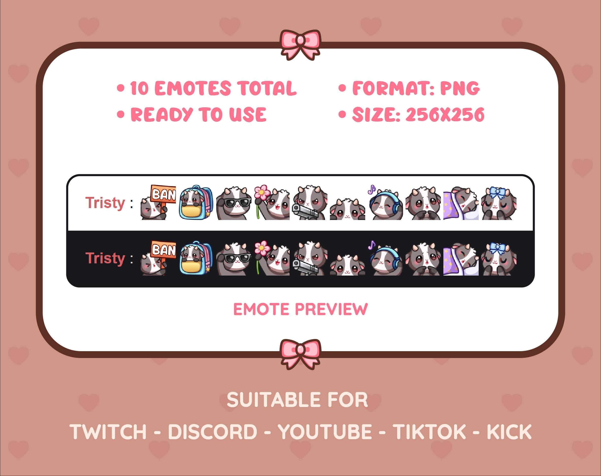 Black Goat Twitch emote pack preview displaying all 10 emotes with format and size information.