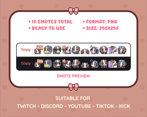 Black Goat Twitch emote pack preview displaying all 10 emotes with format and size information.
