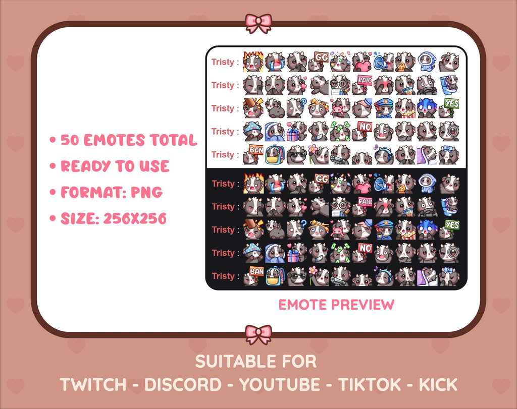 Black Goat Twitch emote mega pack preview displaying all 50 emotes with format and size information.