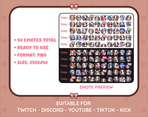Black Goat Twitch emote mega pack preview displaying all 50 emotes with format and size information.