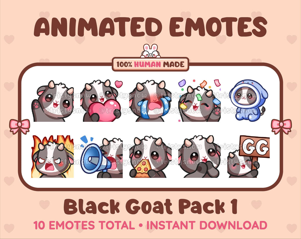 Black Goat animated Twitch emote pack featuring 10 emotes including GG, angry, cry, and hype.