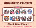 Black Goat animated Twitch emote pack featuring 10 emotes including GG, angry, cry, and hype.