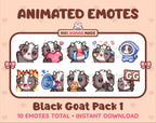 Black Goat animated Twitch emote pack featuring 10 emotes including GG, angry, cry, and hype.