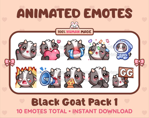 Black Goat animated Twitch emote pack featuring 10 emotes including GG, angry, cry, and hype.