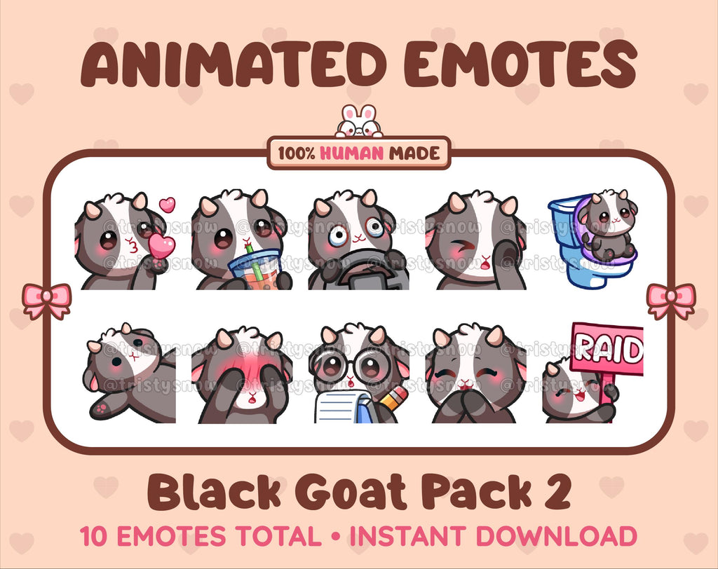 Black Goat animated Twitch emote pack featuring 10 emotes including kiss, facepalm, shy, and raid.