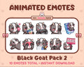 Black Goat animated Twitch emote pack featuring 10 emotes including kiss, facepalm, shy, and raid.