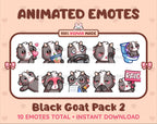 Black Goat animated Twitch emote pack featuring 10 emotes including kiss, facepalm, shy, and raid.