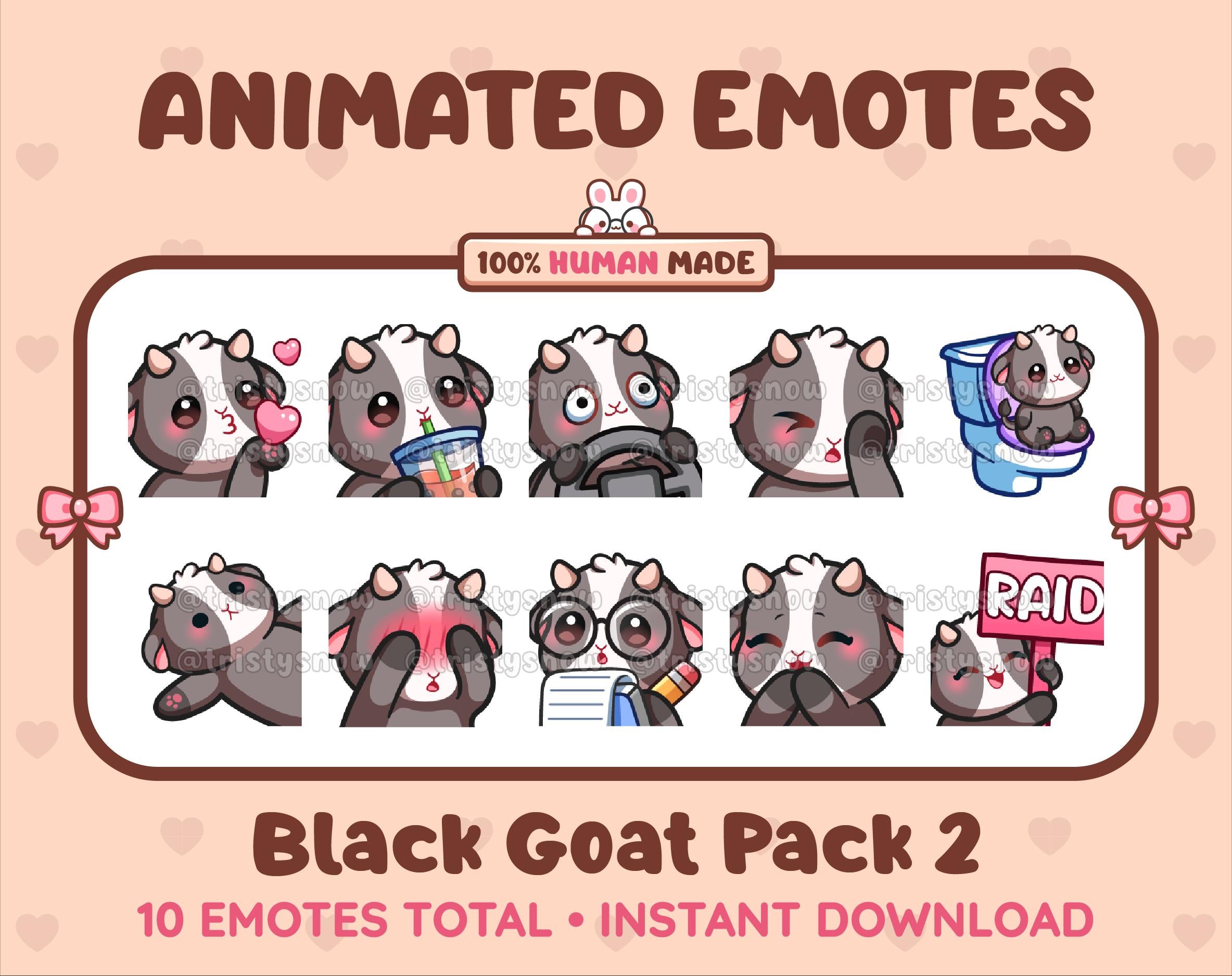 Black Goat animated Twitch emote pack featuring 10 emotes including kiss, facepalm, shy, and raid.