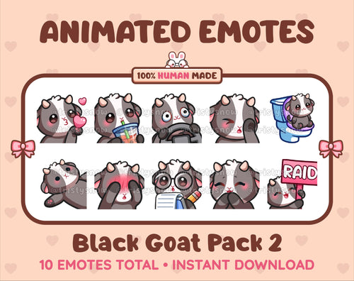 Black Goat animated Twitch emote pack featuring 10 emotes including kiss, facepalm, shy, and raid.