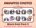 Black Goat animated Twitch emote pack featuring 10 emotes including flower, cool, plead, and lurk.