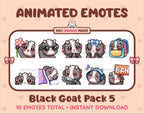Black Goat animated Twitch emote pack featuring 10 emotes including flower, cool, plead, and lurk.