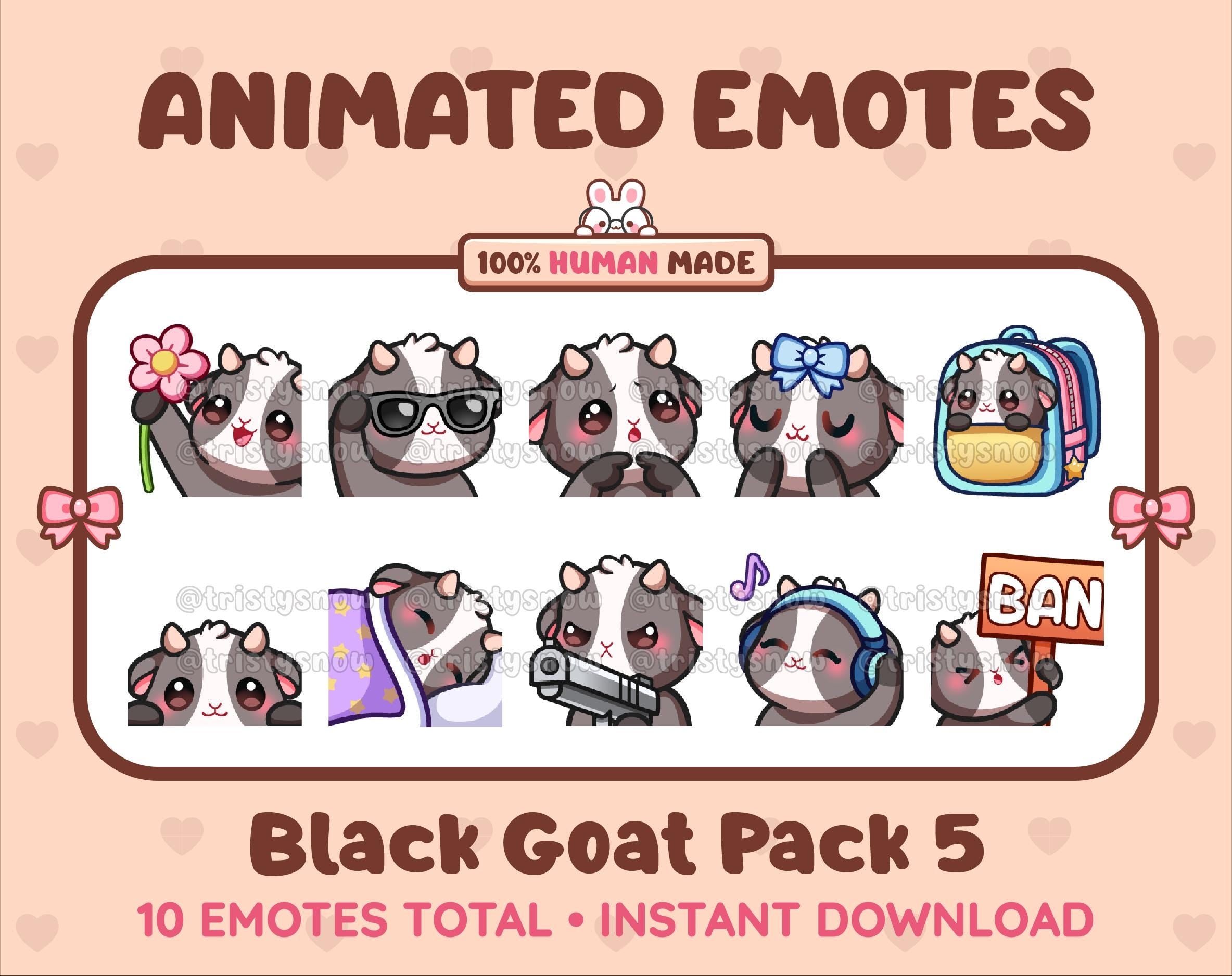 Black Goat animated Twitch emote pack featuring 10 emotes including flower, cool, plead, and lurk.