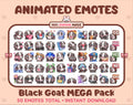 Black Goat animated Twitch emote mega pack featuring 50 emotes including hype, kiss, raid, and lurk.