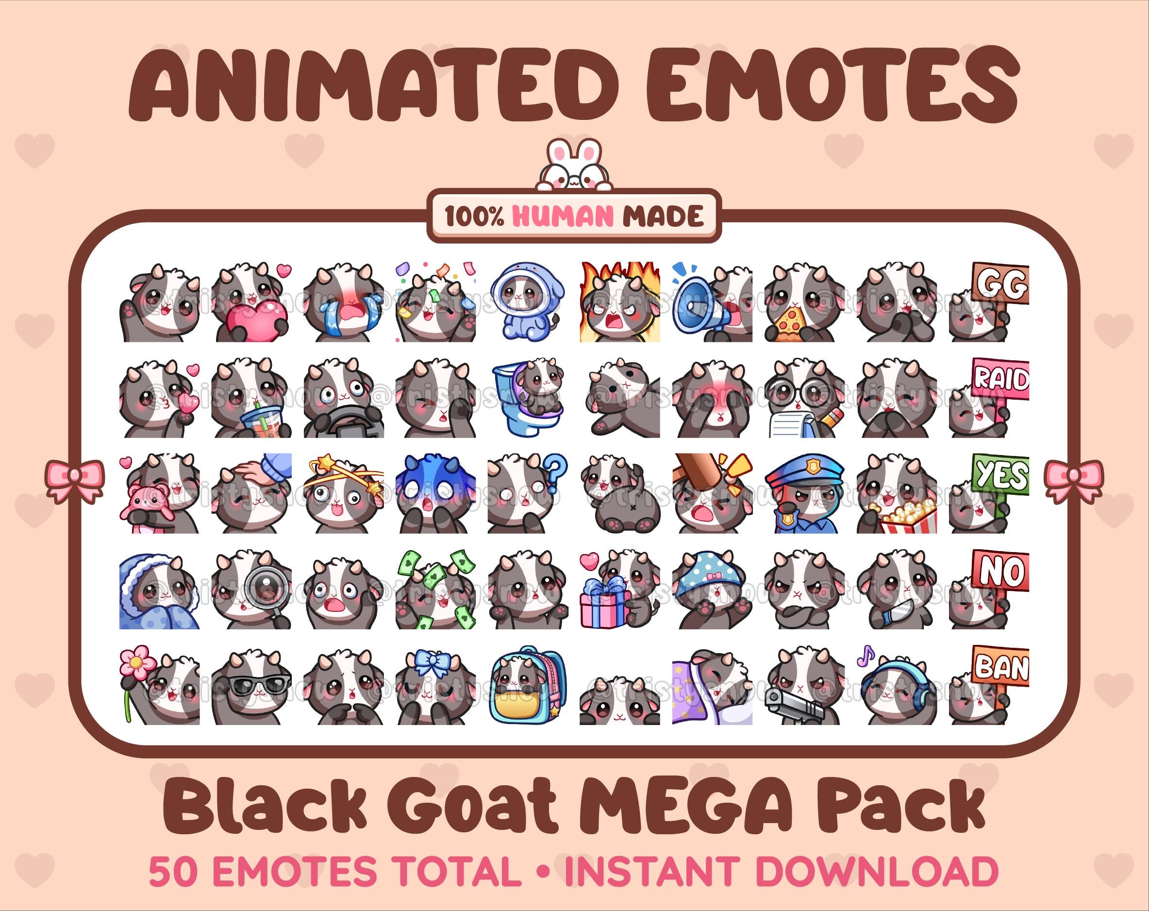 Black Goat animated Twitch emote mega pack featuring 50 emotes including hype, kiss, raid, and lurk.
