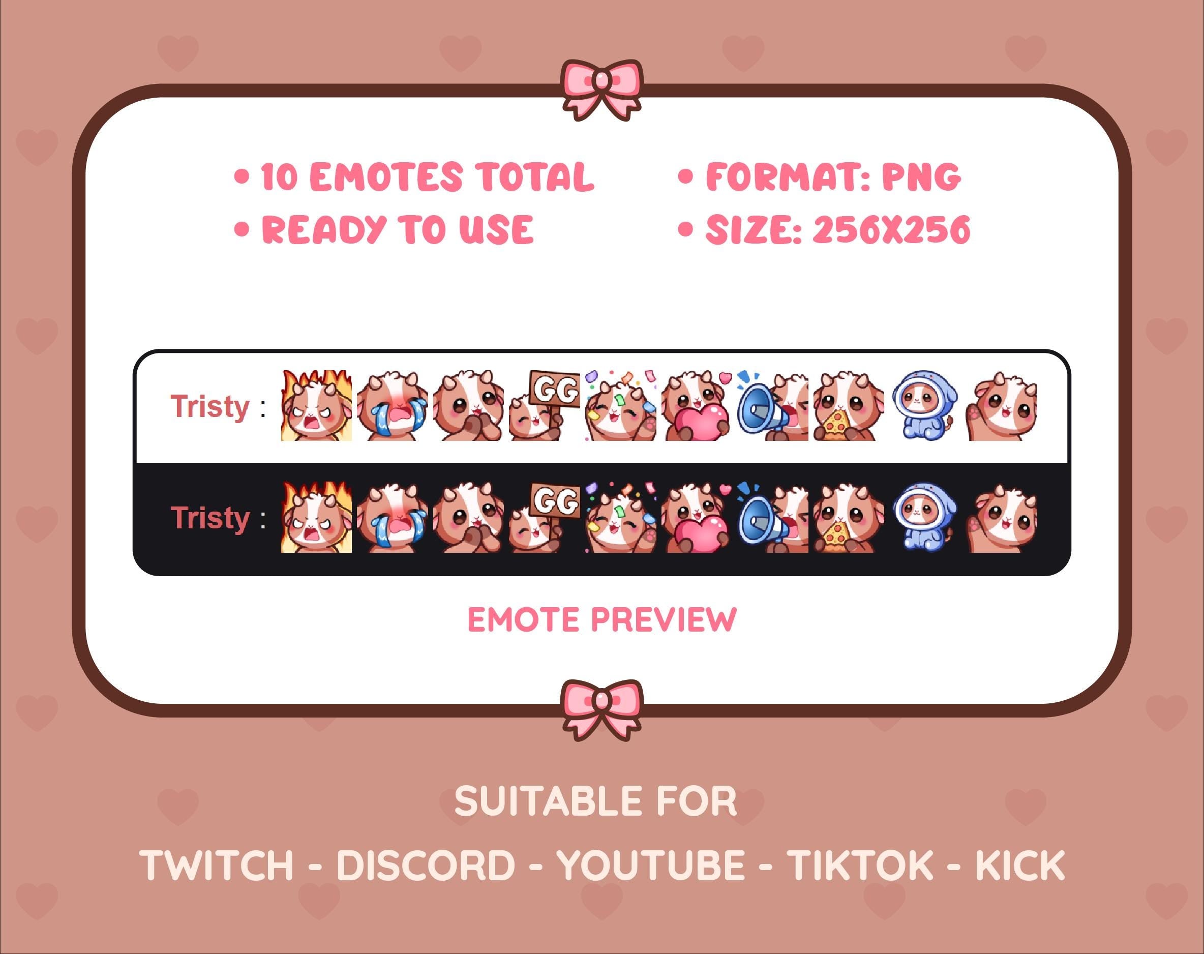 Brown Goat Twitch emote pack preview displaying all 10 emotes with format and size information.