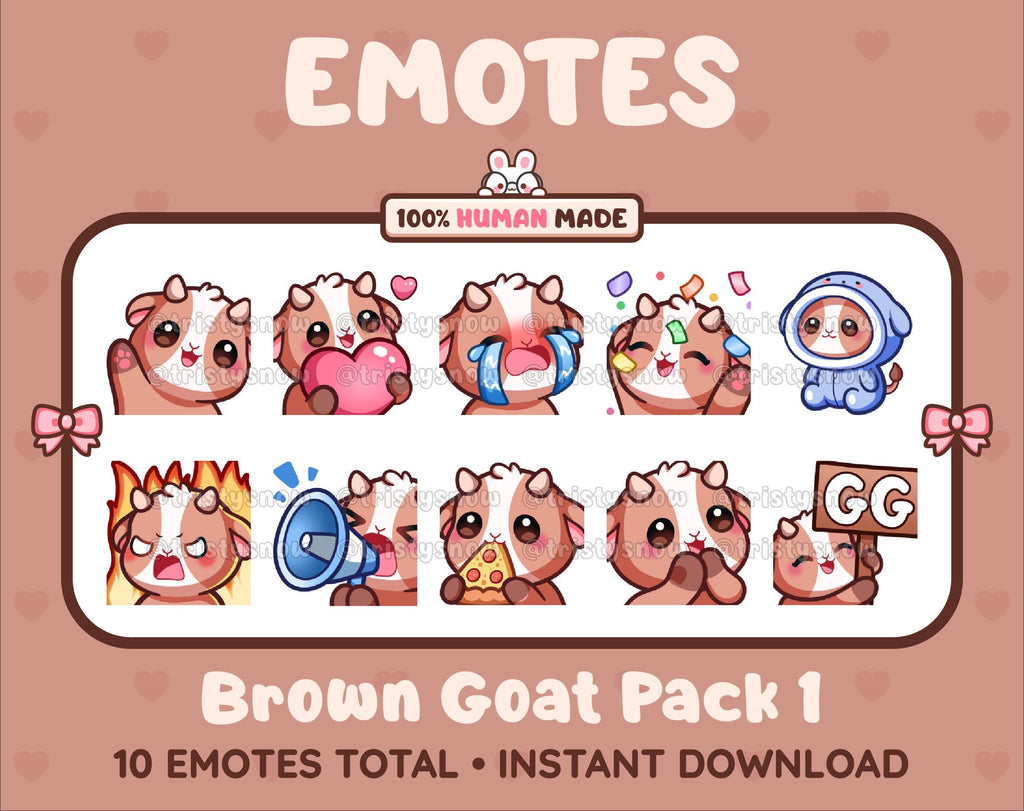 Brown Goat Twitch emote pack featuring 10 emotes including GG, angry, cry, and hype.