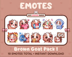 Brown Goat Twitch emote pack featuring 10 emotes including GG, angry, cry, and hype.