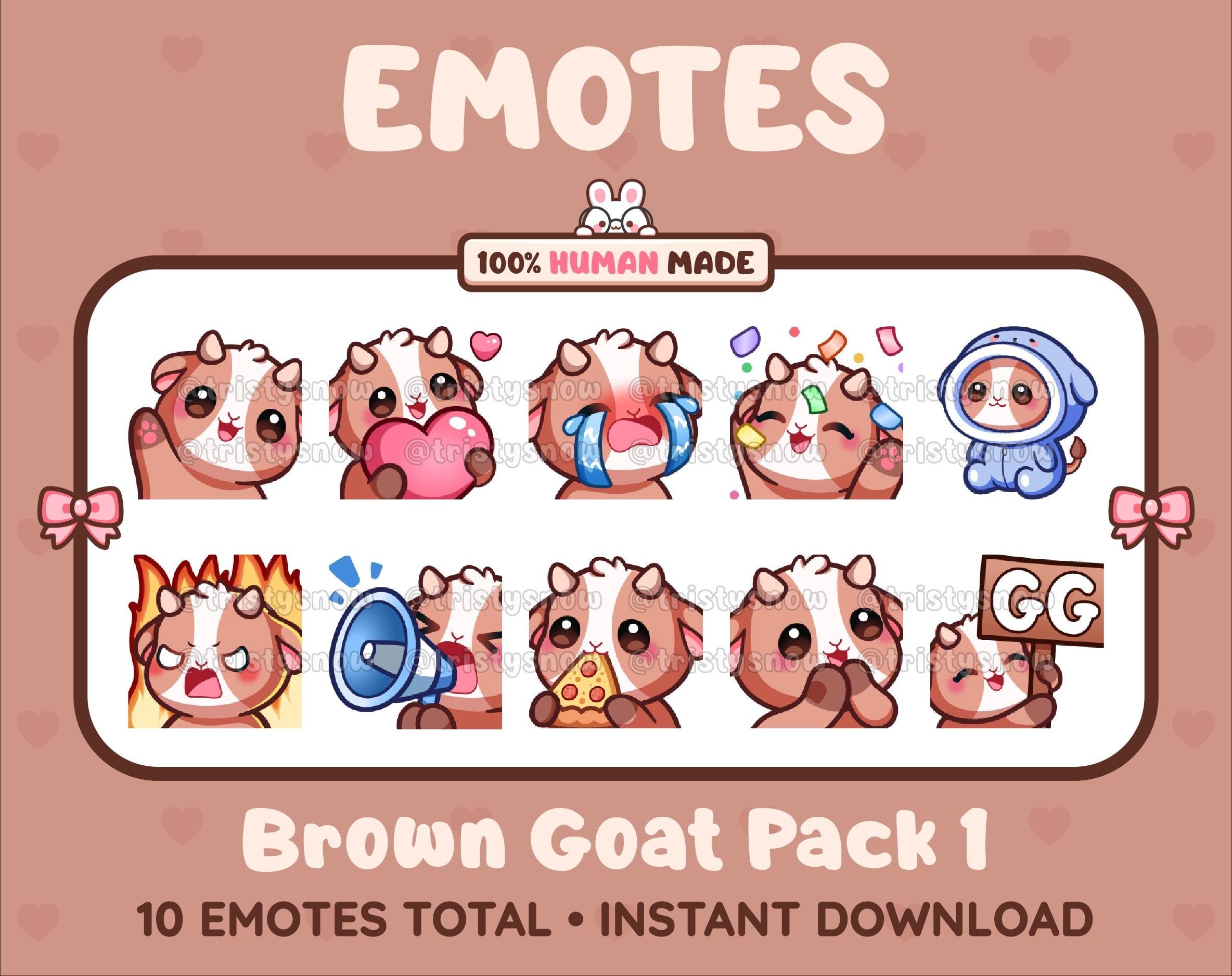 Brown Goat Twitch emote pack featuring 10 emotes including GG, angry, cry, and hype.