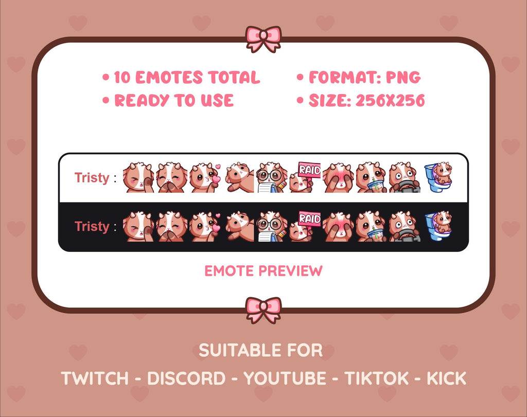 Brown Goat Twitch emote pack preview displaying all 10 emotes with format and size information.