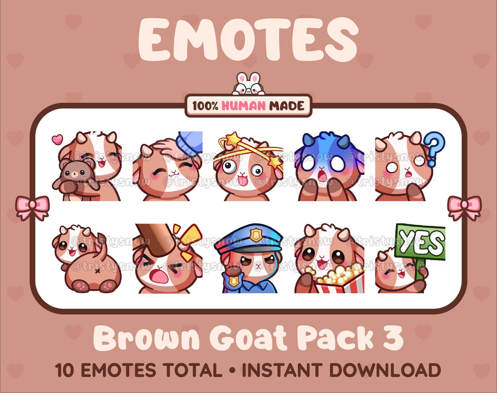 Brown Goat Twitch emote pack featuring 10 emotes including hug, scared, bonk, and popcorn.