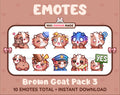 Brown Goat Twitch emote pack featuring 10 emotes including hug, scared, bonk, and popcorn.