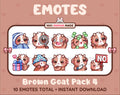 Brown Goat Twitch emote pack featuring 10 emotes including cozy, sus, panic, and shrug.