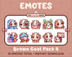 Brown Goat Twitch emote pack featuring 10 emotes including cozy, sus, panic, and shrug.