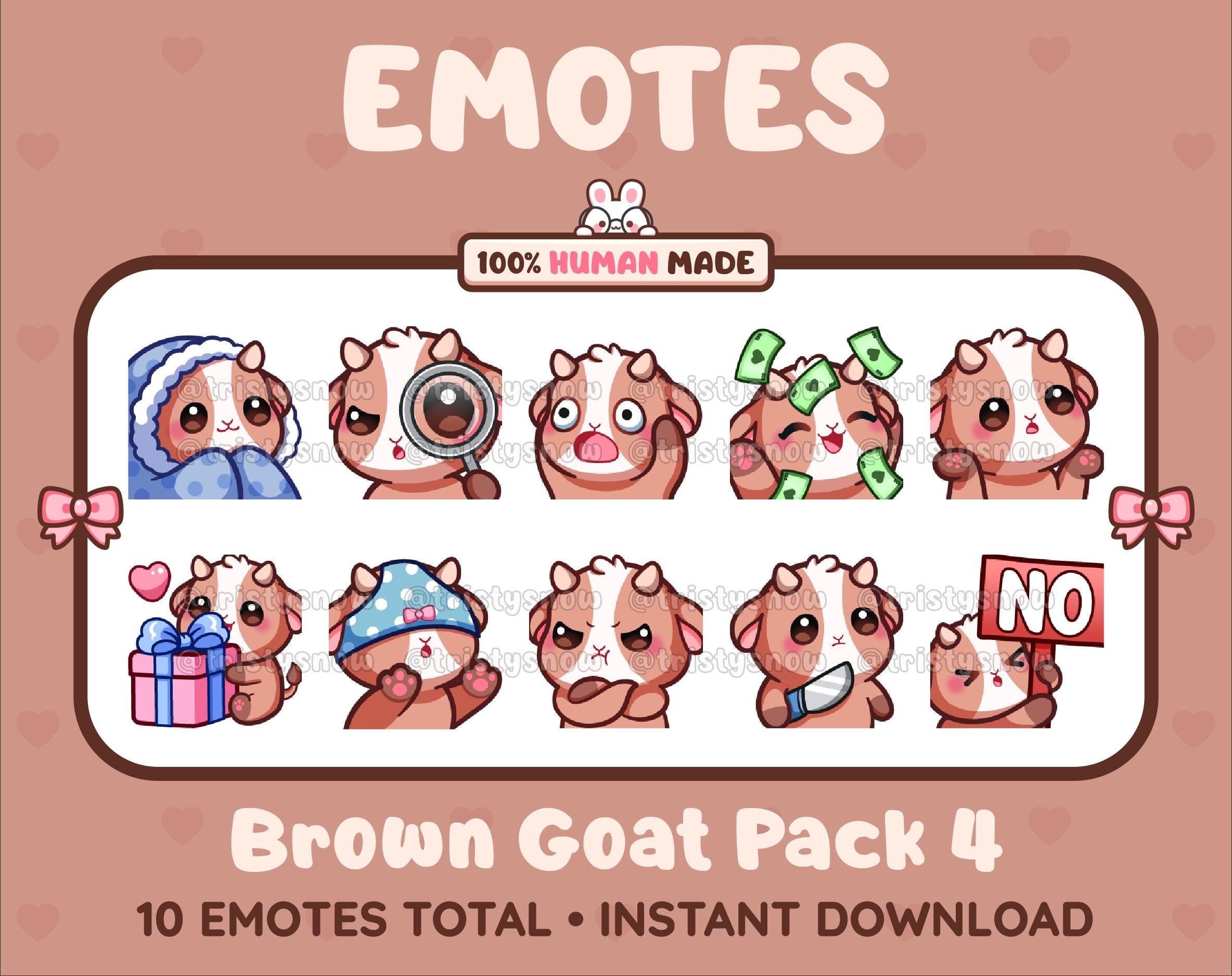 Brown Goat Twitch emote pack featuring 10 emotes including cozy, sus, panic, and shrug.
