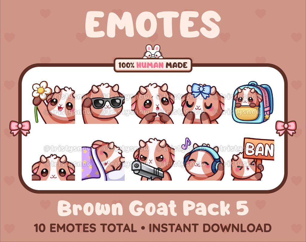 Brown Goat Twitch emote pack featuring 10 emotes including flower, cool, plead, and lurk.
