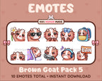 Brown Goat Twitch emote pack featuring 10 emotes including flower, cool, plead, and lurk.