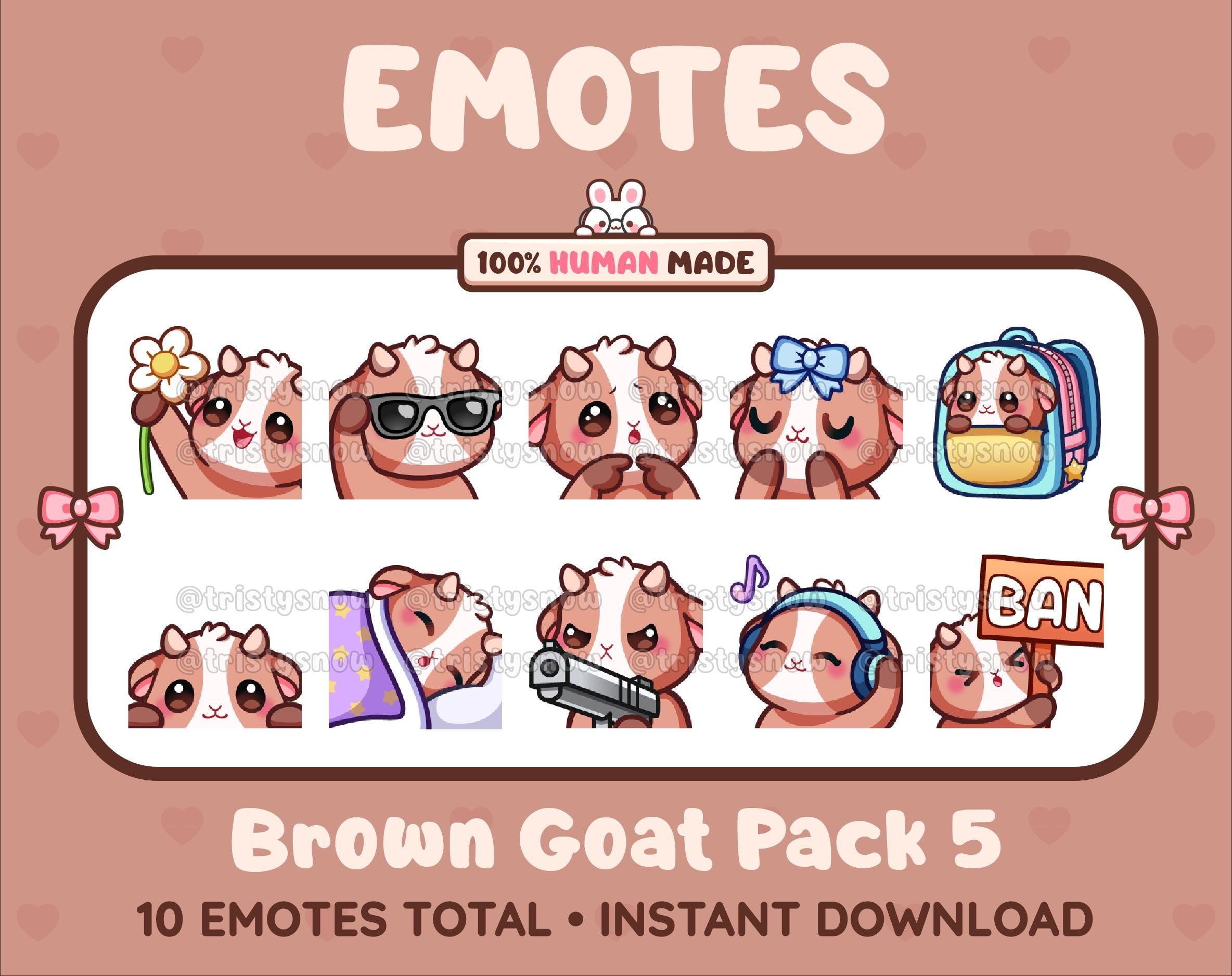 Brown Goat Twitch emote pack featuring 10 emotes including flower, cool, plead, and lurk.
