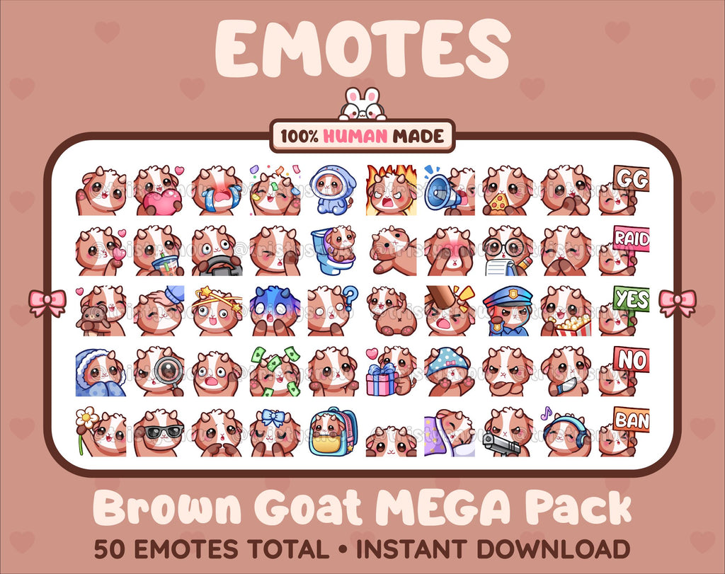 Brown Goat Twitch emote mega pack featuring 50 emotes including hype, kiss, raid, and lurk.