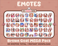 Brown Goat Twitch emote mega pack featuring 50 emotes including hype, kiss, raid, and lurk.